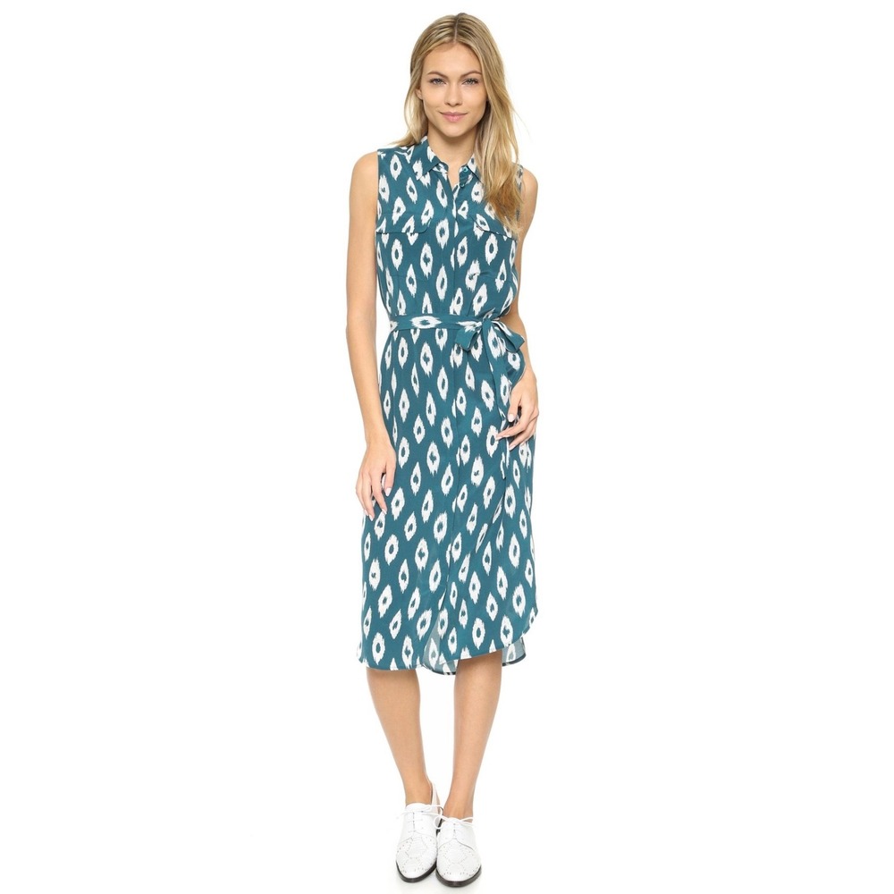 Equipment Femme Teal White Ikat Silk Sleeveless Belted Shirt Dress Small